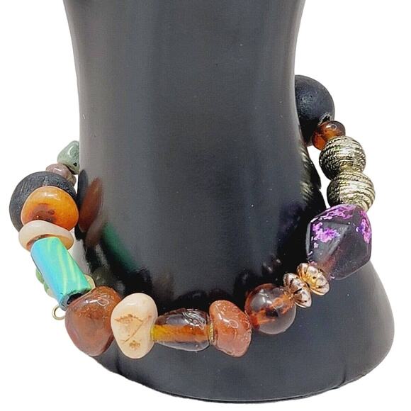 Bracelet Natural Stone Wood Acrylic Glass Beads Multi Color Memory Wire 6" to 8" - Picture 1 of 7